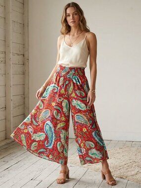Boho Paisley Palazzo Pants Size M Wide Leg Flowy Ruched Waist